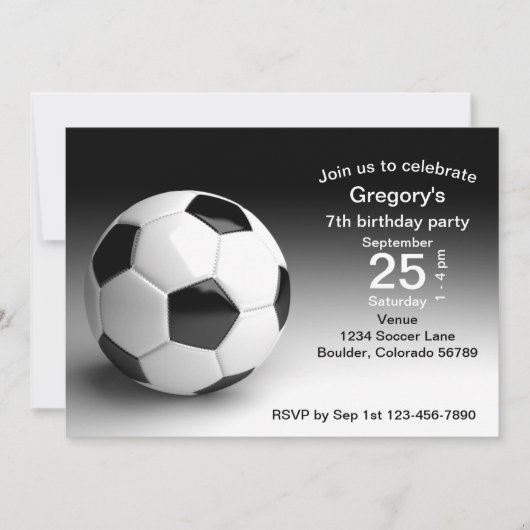 黒と白のサッカーボールの誕生日パーティー 招待状 (正面)