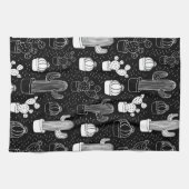黒と白のサボテンのドードルパターン キッチンタオル (横)