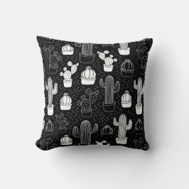 黒と白のサボテンのドードルパターン クッション