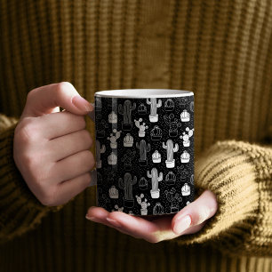 黒と白のサボテンのドードルパターン コーヒーマグカップ