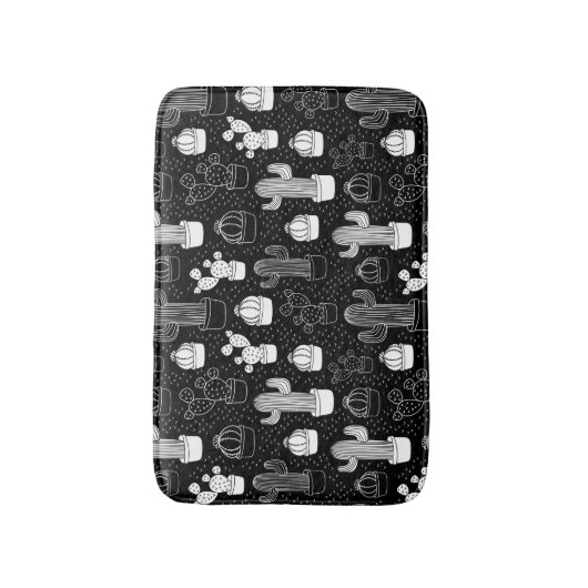 黒と白のサボテンのドードルパターン バスマット (正面縦)