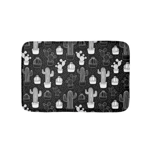 黒と白のサボテンのドードルパターン バスマット (正面)