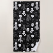 黒と白のサボテンのドードルパターン ビーチタオル (正面)