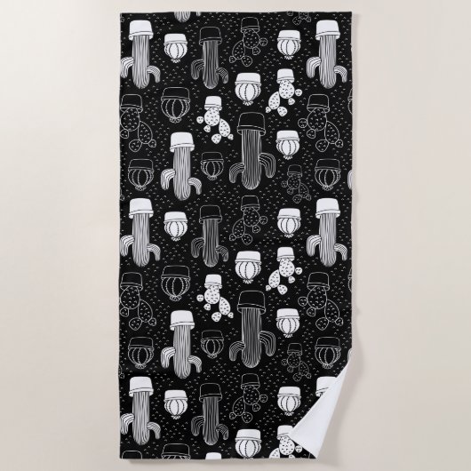 黒と白のサボテンのドードルパターン ビーチタオル (正面)