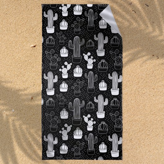 黒と白のサボテンのドードルパターン ビーチタオル