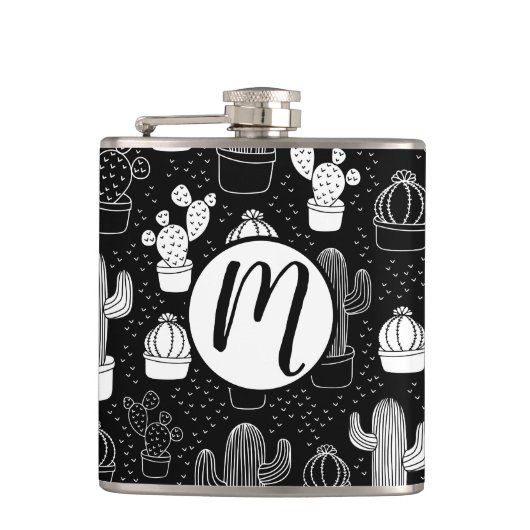 黒と白のサボテンのドードルパターン フラスク (正面)