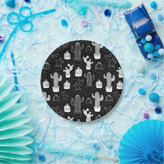黒と白のサボテンのドードルパターン ペーパープレート (パーティー)