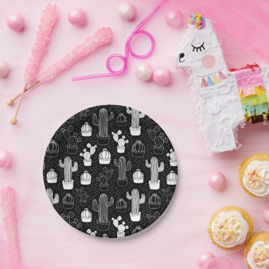 黒と白のサボテンのドードルパターン ペーパープレート (パーティー)