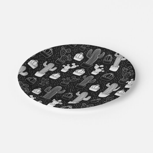 黒と白のサボテンのドードルパターン ペーパープレート (アングル)