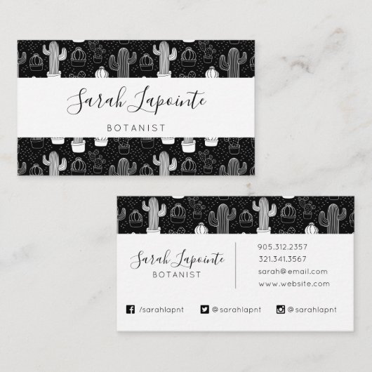 黒と白のサボテンのドードルパターン 名刺 (正面/裏面)