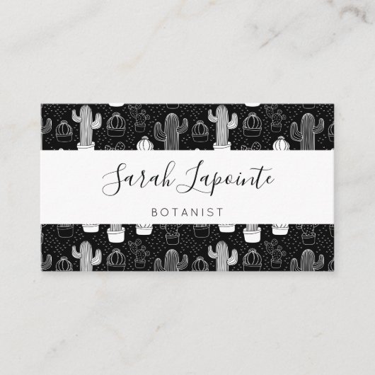 黒と白のサボテンのドードルパターン 名刺 (正面)