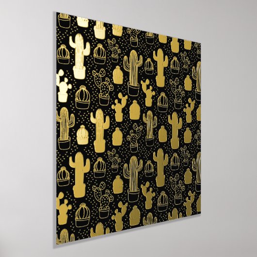 黒と白のサボテンのドードルパターン 箔ポスター (レイダウン)