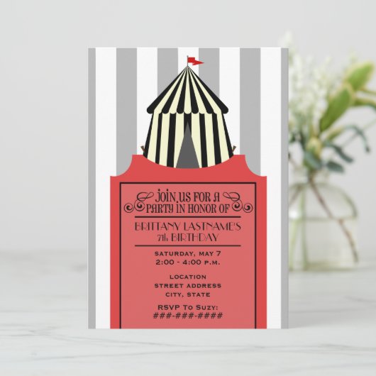 黒と白のサーカステントと赤いチケット誕生日 招待状 (スタンド正面)