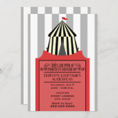 黒と白のサーカステントと赤いチケット誕生日 招待状 (正面/裏面)