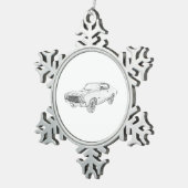 黒と白のシェブリーの弓タイのマッスルカー スノーフレークピューターオーナメント (右)