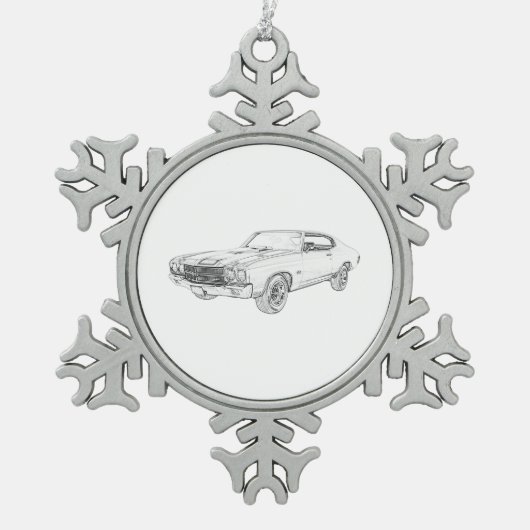 黒と白のシェブリーの弓タイのマッスルカー スノーフレークピューターオーナメント (正面)