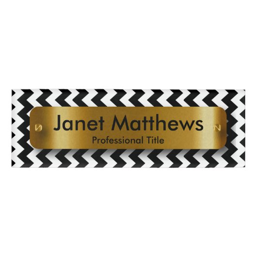黒と白のシェブロンと金ゴールドラベルプレート 名札 (正面)