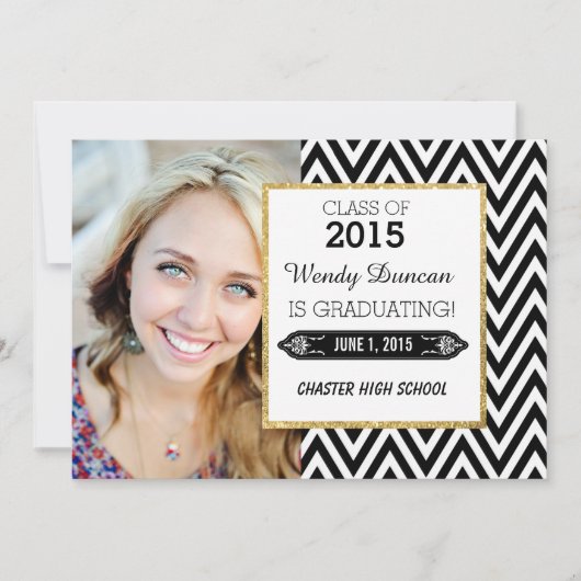 黒と白のシェブロンの卒業発表 案内状 (正面)