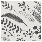 黒と白のシダ、羽、果実、小枝 ファブリック (クローズアップ)