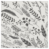 黒と白のシダ、羽、果実、小枝 ファブリック (見本)