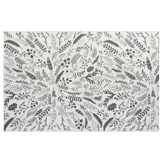 黒と白のシダ、羽、果実、小枝 ファブリック (ファットクウォーター)