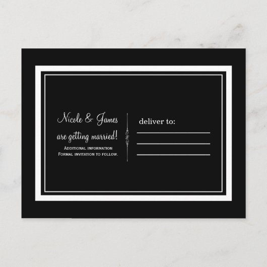黒と白のシックエレガントウェディング日付を保存 案内ポストカード (裏面)