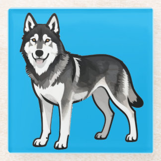黒と白のシベリアン+ハスキー犬の漫画 ガラスコースター