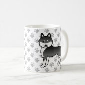 黒と白のシベリアン・ハスキー・キャルーン犬と肉球 コーヒーマグカップ (正面右)