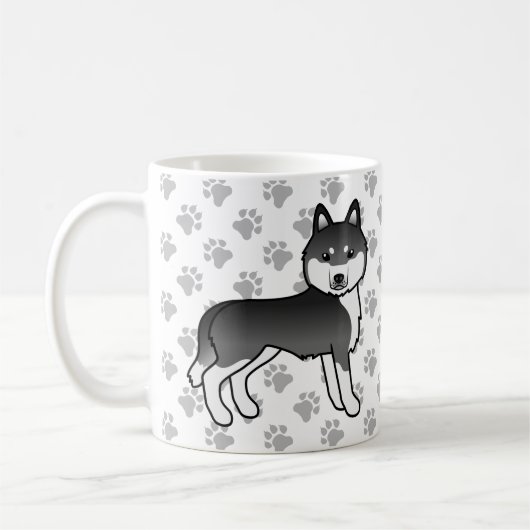 黒と白のシベリアン・ハスキー・キャルーン犬と肉球 コーヒーマグカップ (左)
