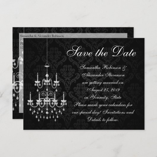 黒と白のシャンデリア日付を保存 案内ポストカード (正面/裏面)