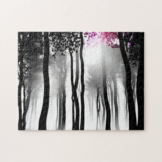 黒と白のシルエット林と小さな紫 ジグソーパズル (横)