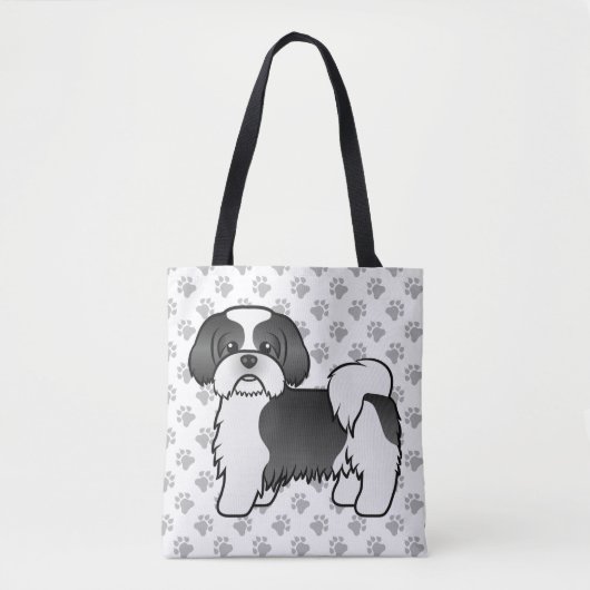 黒と白のシーズー かわいいキャラクターの犬と肉球 トートバッグ (正面)