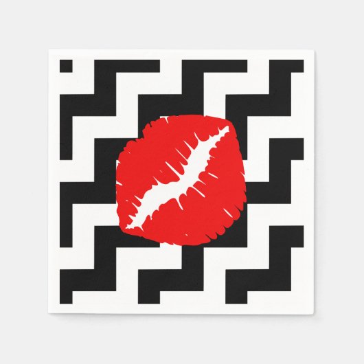 黒と白のジグザグの赤い唇 スタンダードカクテルナプキン (正面)