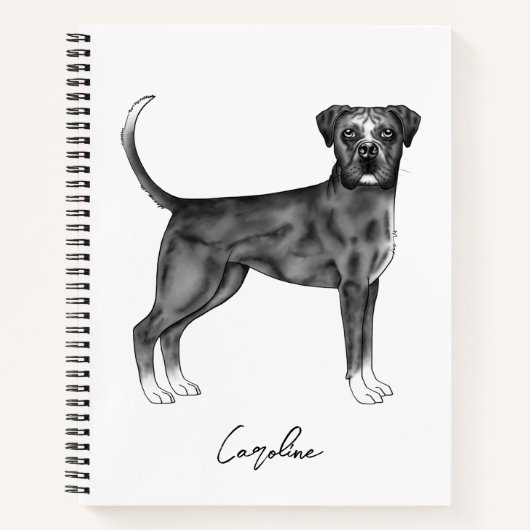 黒と白のジャーマン・ボクサー犬 + カスタムテキスト ノートブック (正面)