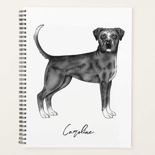 黒と白のジャーマン・ボクサー犬 + カスタムテキスト プランナー手帳 (正面)