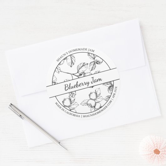 黒と白のスケッチBlueberryジャムラベル ラウンドシール (封筒)