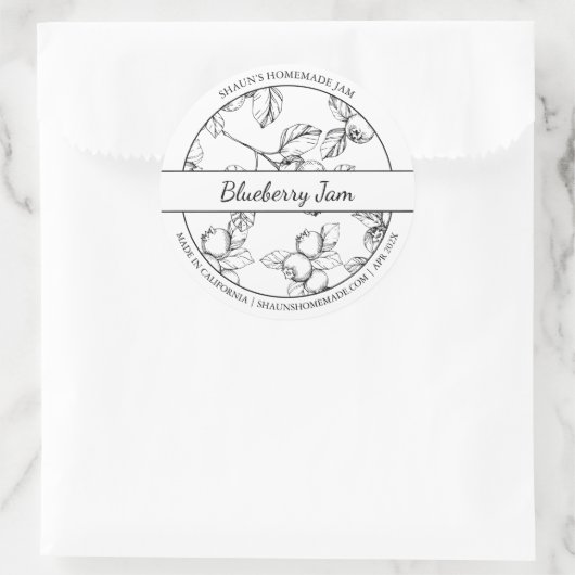 黒と白のスケッチBlueberryジャムラベル ラウンドシール (バッグ)