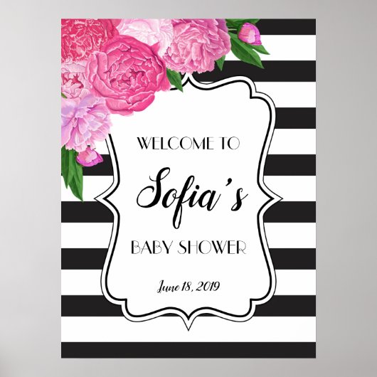 黒と白のスターペピンクのフローラシャワー記号 ポスター (正面)