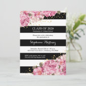 黒と白のストライプとピンクの花の卒業式 招待状 (スタンド正面)