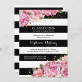黒と白のストライプとピンクの花の卒業式 招待状 (正面/裏面)