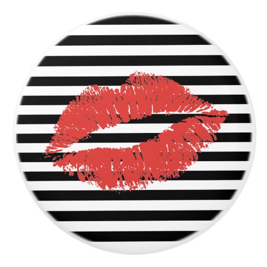 黒と白のストライプと赤い唇の引き出し セラミックノブ (正面)