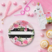 黒と白のストライプにピンクの花のブライダルシャワー ペーパープレート (パーティー)