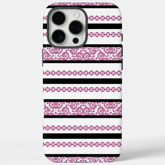 黒と白のストライプにマゼンタの花柄 Case-Mate iPhoneケース (裏面)