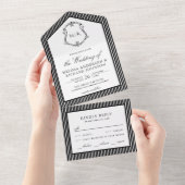 黒と白のストライプのクレストモノグラム ウェディング オールインワン招待状 (貼ってはがせる)