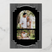 黒と白のストライプの写真の結婚式 ゴールド 箔招待状 (裏面)