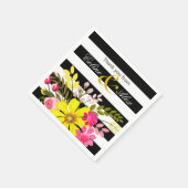 黒と白のストライプの民俗花 | イエロー スタンダードカクテルナプキン (角)