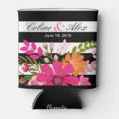 黒と白のストライプの民俗花 |明るい赤紫色 缶クーラー (正面)