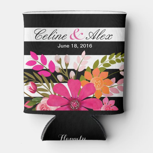 黒と白のストライプの民俗花 |明るい赤紫色 缶クーラー (正面)