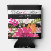 黒と白のストライプの民俗花 |明るい赤紫色 缶クーラー (裏面)