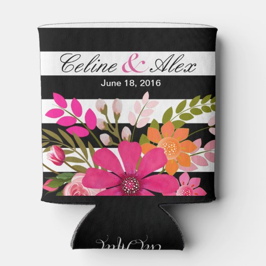 黒と白のストライプの民俗花 |明るい赤紫色 缶クーラー (裏面)